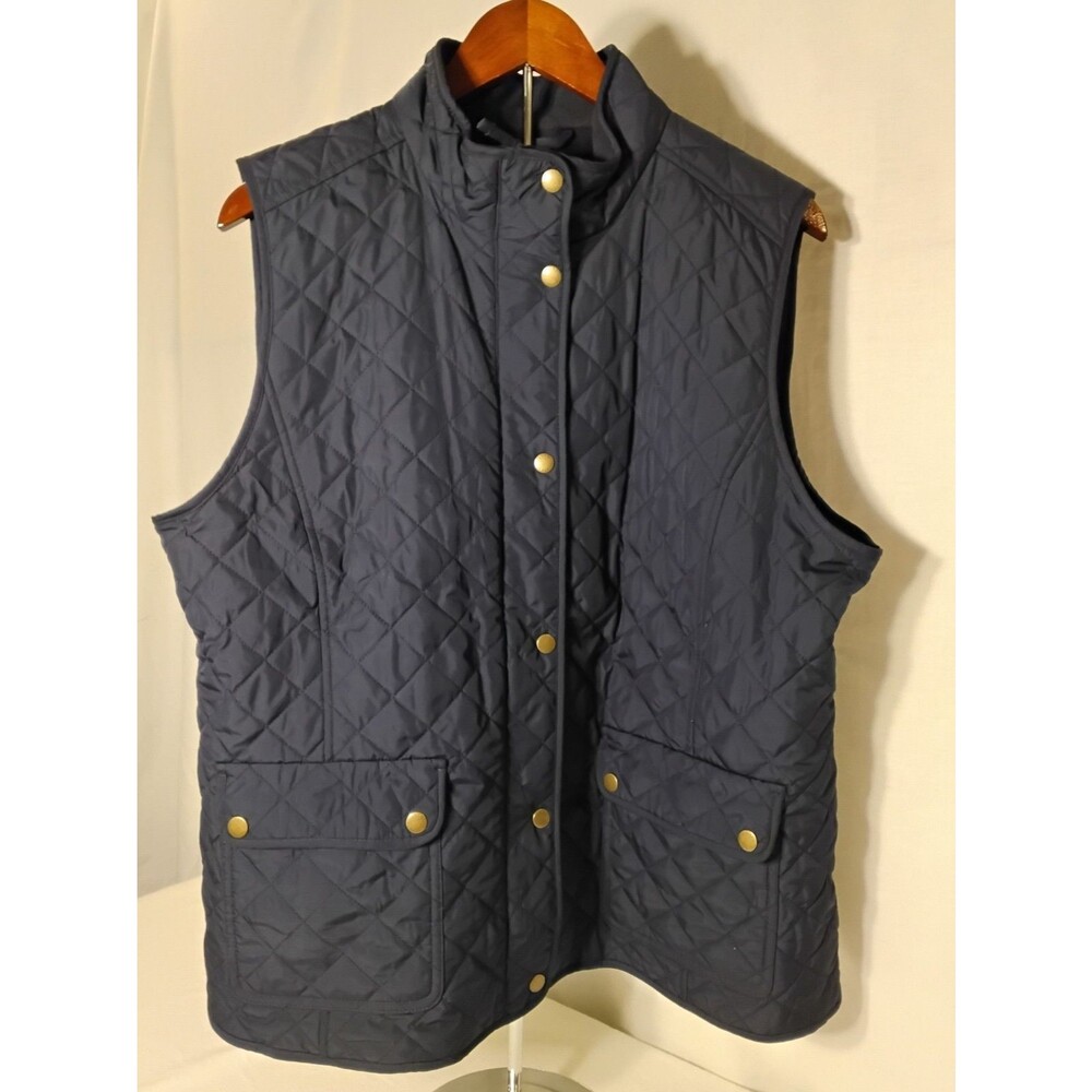 Talbots Woman's Quilted Vest Size XL Navy Zip Front Snap Pockets Fleece Lined